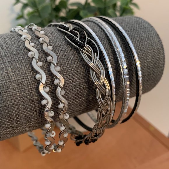 Silver Tone and Black Bangles (set of 6) - Picture 2 of 3